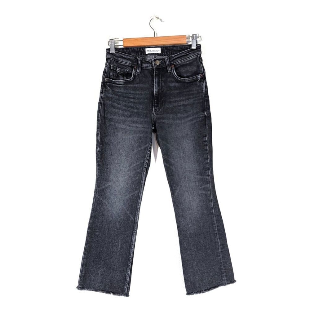 ZARA 90s Raw Hem High Rise Cropped Kick Flare Jeans Washed Black Denim 2 y2k